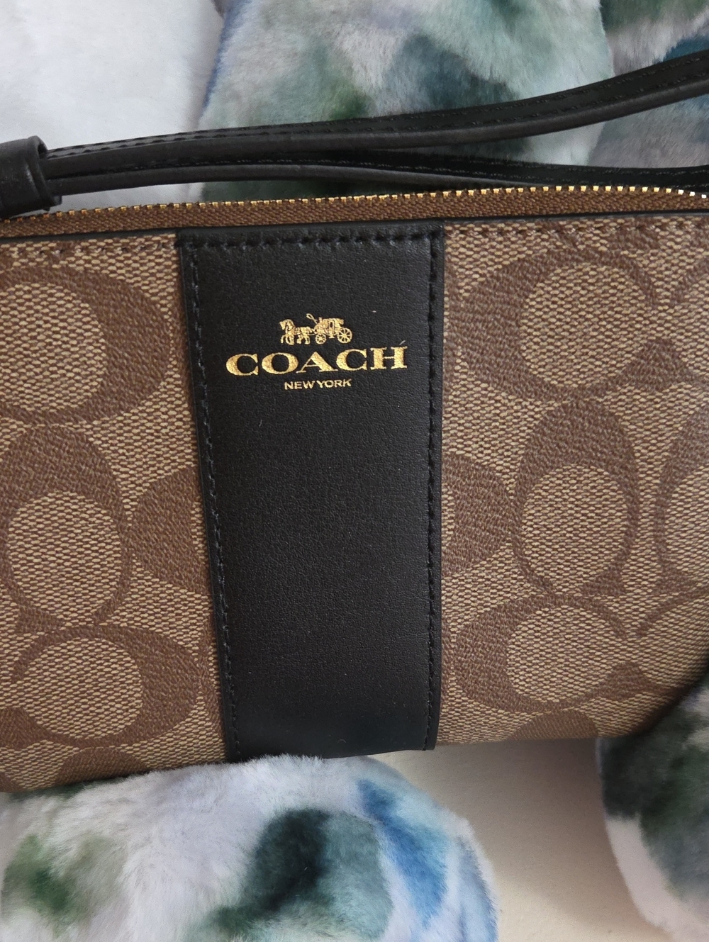 NWOT Coach Brown Signature Canvas Wristlet with Black Leather Trim